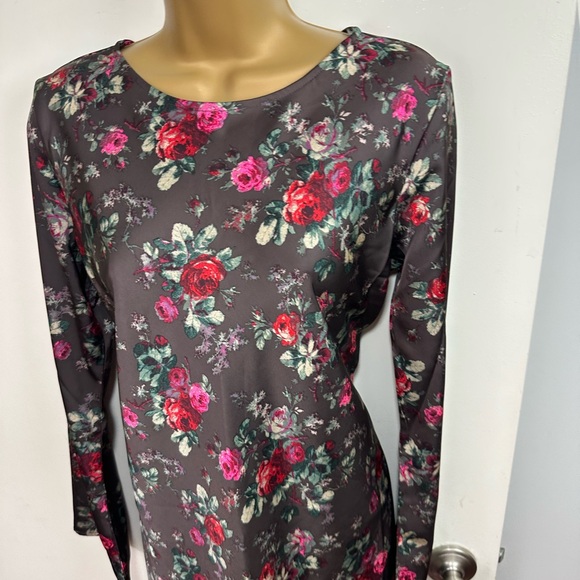 GAP Chocolate Brown Red Pink Rose Print Recycled Silky Satin Mini Dress NWOT S - Picture 6 of 16